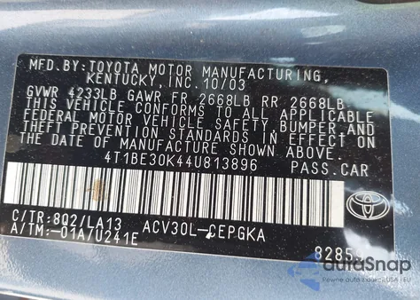2004 Toyota Camry Xle from USA, damaged, VIN 4T1BE30K44U813896